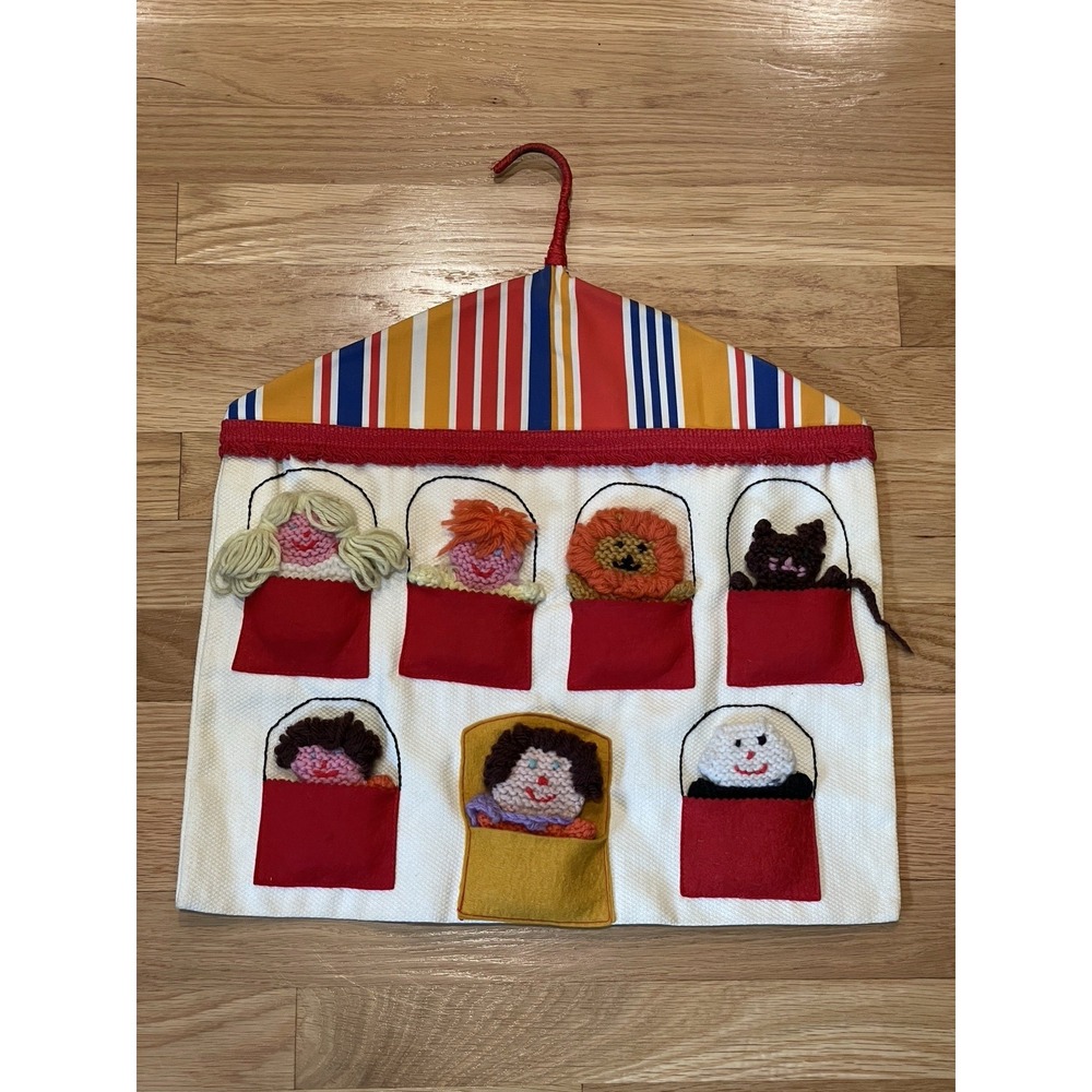 Vintage Crochet Finger Puppets‎ Set of 7 Animals People Circus Hanging Handmade